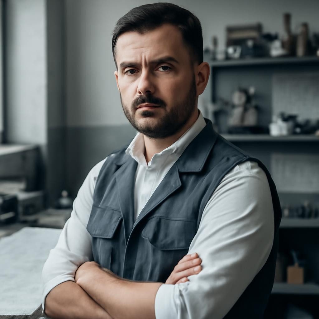 Дмитрий Козлов — портрет инженера в профессиональной среде с чертежами и оборудованием