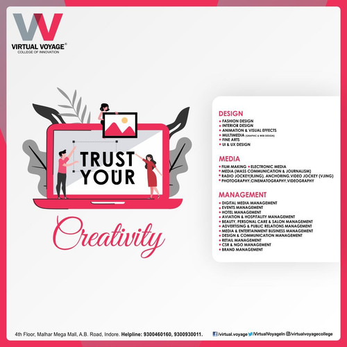 Creativity is Special, It's a gift not granted to All, So Trust your Creativity! VIRTUAL VOYAGE COLLEGE offers Career Counselling for direction less yet innovative aspirants. The College promotes Modern Day Career Courses related to Art, Design, Media, Management and Entertainment through various Degree, Diploma and Certificate Programs. Call on 9300460160, 9300930011 and know all training pattern and its delivery.