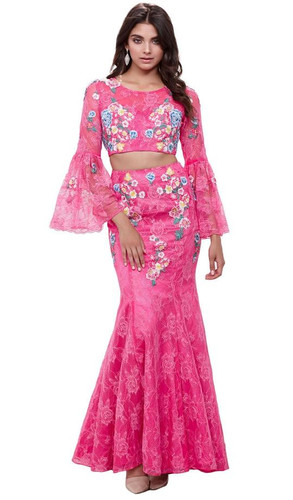 This long dress brandishes in a jewel neckline with long circular flounce sleeves. The dress is full designed with floral and lace embroidery and a zipper closure. The back has a keyhole opening while the skirt tapers through the thighs and flares at the bottom for the trumpet effect.

Buy this dress here:-https://www.couturecandy.com/products/nox-anabel-8288-two-piece-embroidered-circular-flounce-sleeve-gown