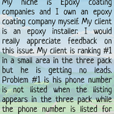 co 01004 my client is ranking 1 in a three pack but he is getting no leads may because his phone num
