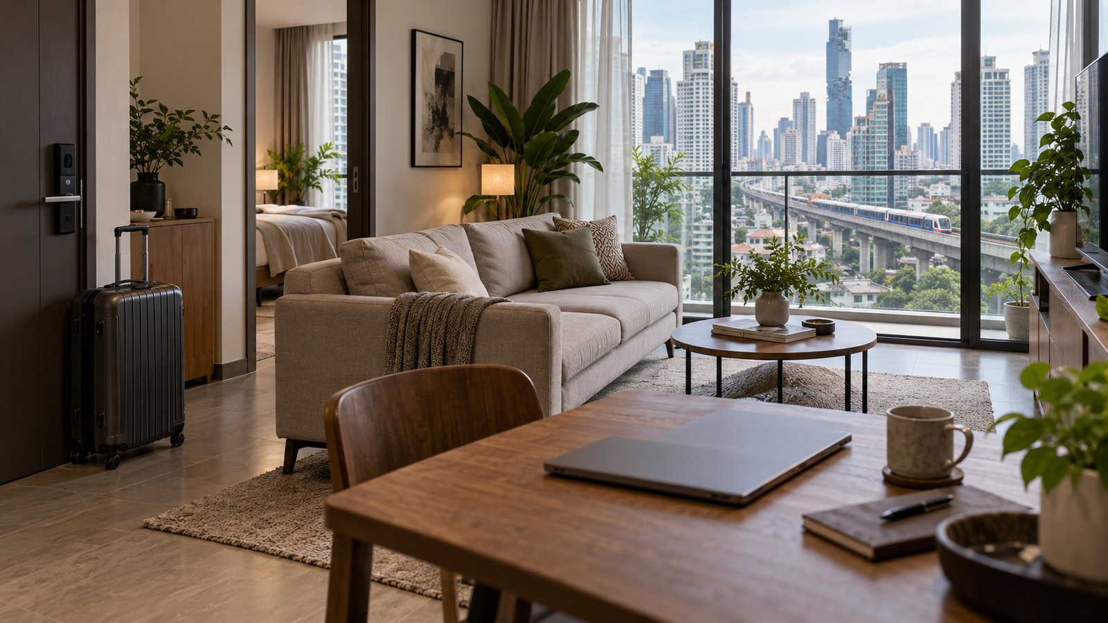 Salon d'un appartement meublé à Bangkok avec vue sur les tours de Sukhumvit
