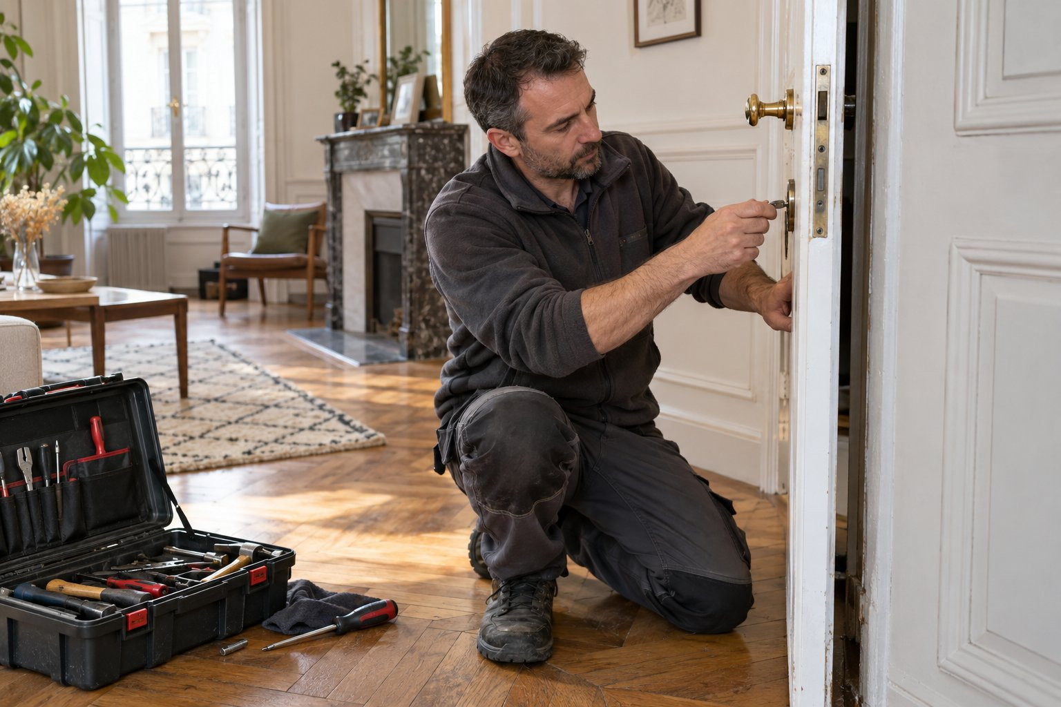 Un serrurier vérifie le fonctionnement de la serrure d'une porte d'appartement