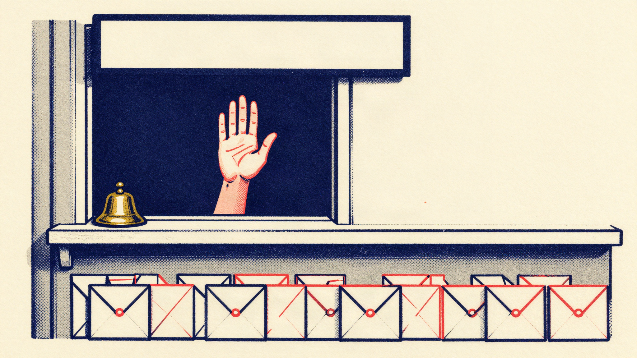 Ręka wysunięta z okienka kasy w geście „stop”, a przed okienkiem długa kolejka identycznych kopert