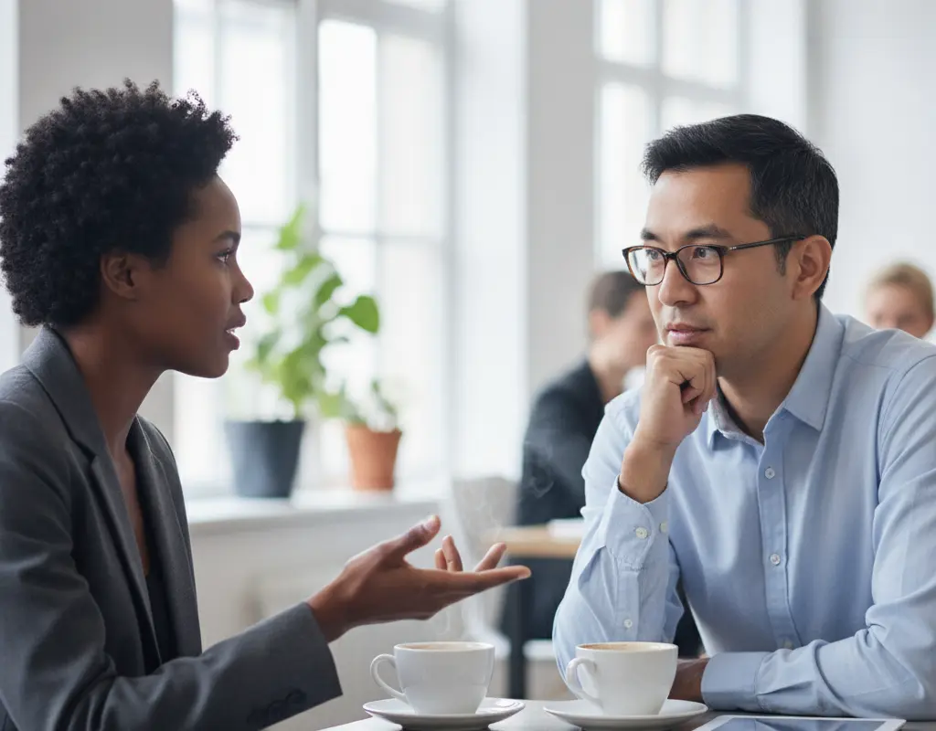Two colleagues engaging in an informal discussion, building alliances to influence decisions.