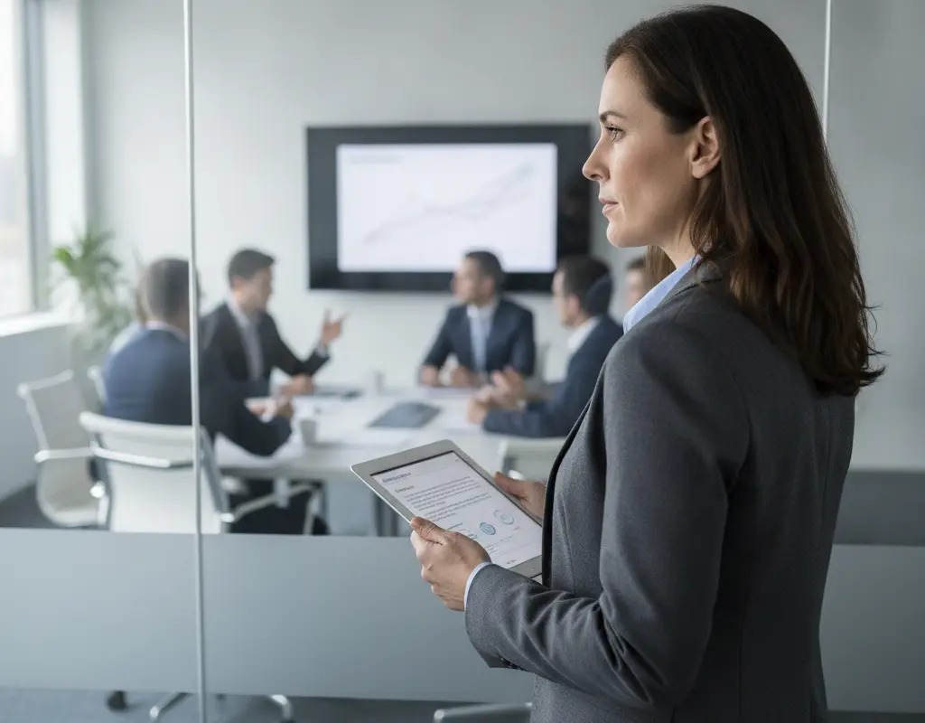 Professional observing a meeting from afar, strategizing how to influence decisions without being at the table.
