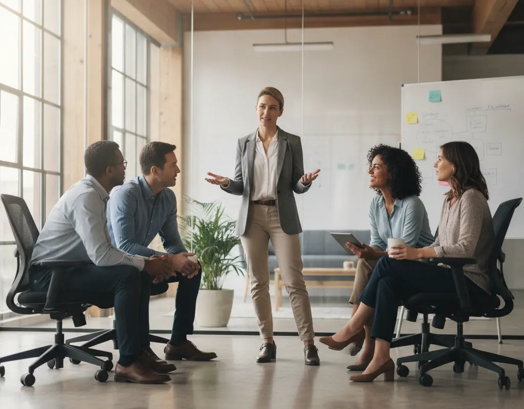 A professional subtly influencing a group discussion without being in charge, demonstrating informal leadership.