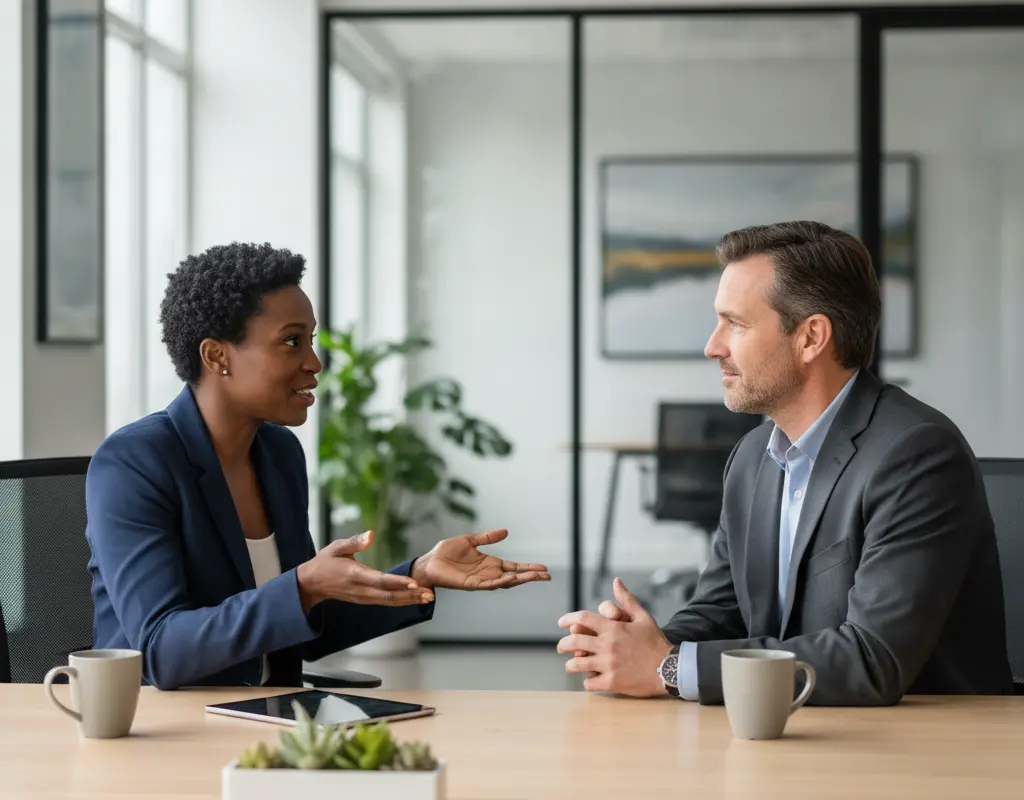 Two colleagues building trust and influence through active listening and clear communication.