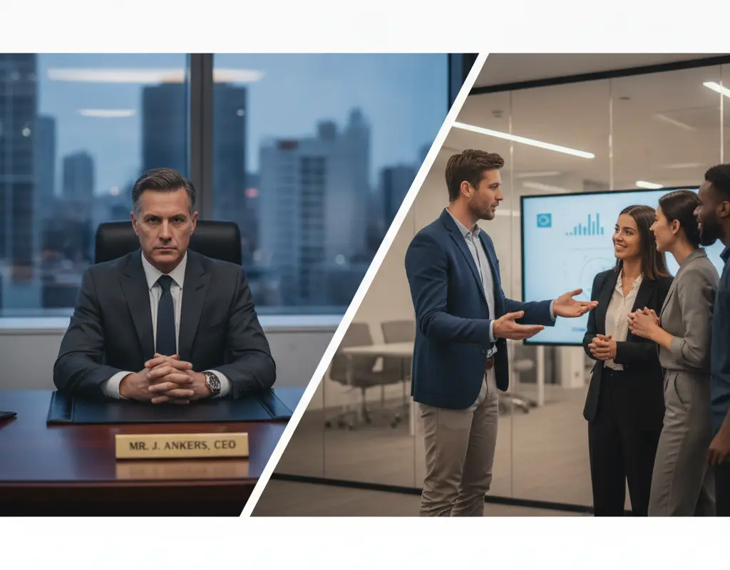 Contrasting images of a formal manager with authority and a collaborative leader demonstrating influence at work.
