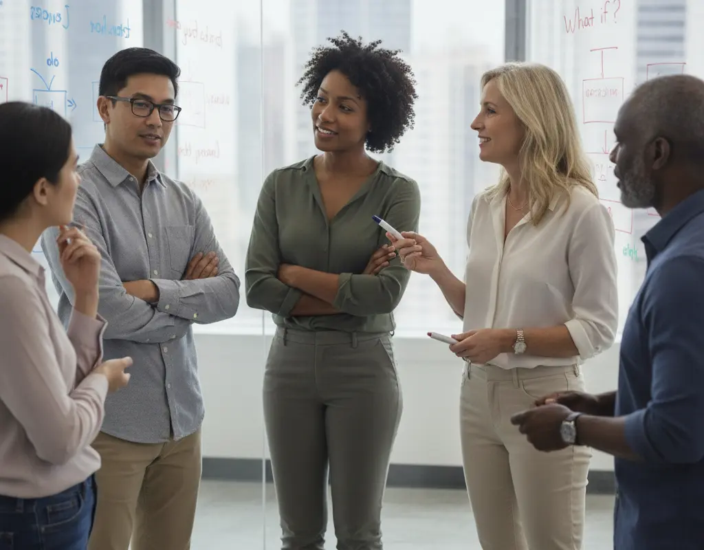 Mid-career professional influencing a team discussion through collaboration and active listening without formal authority.