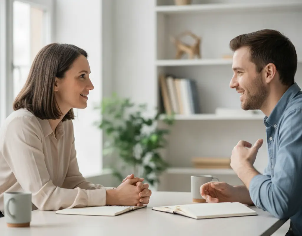 Manager listening attentively to an employee, fostering trust