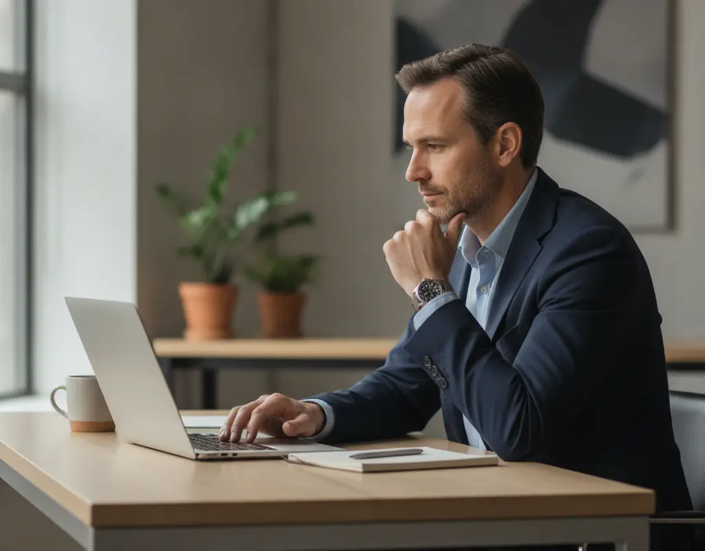 A professional considering career negotiation strategies at a desk.