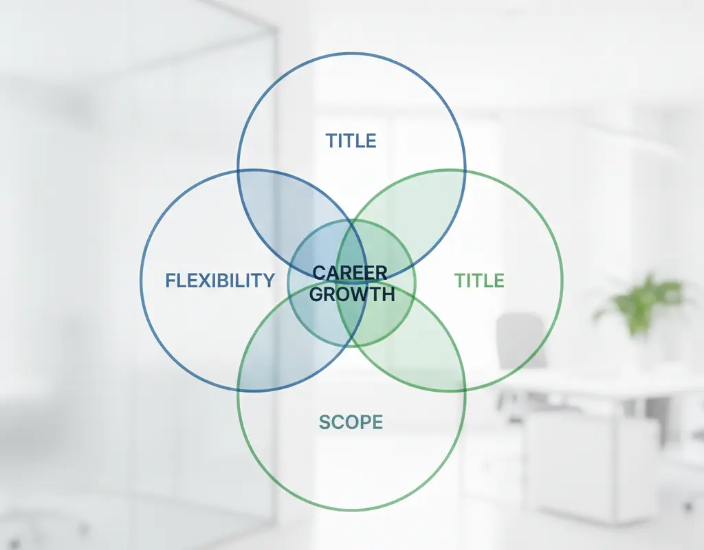 Diagram showing how flexibility, title, and scope intersect for career growth.