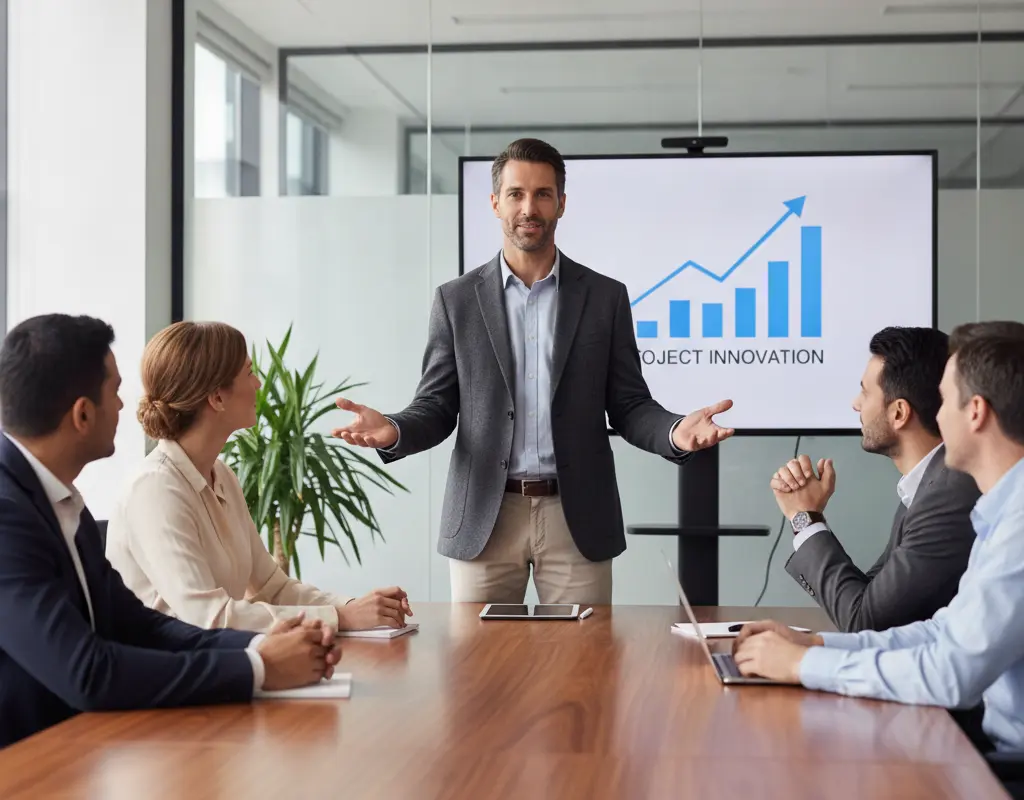 Professional presenting an idea to colleagues without formal authority