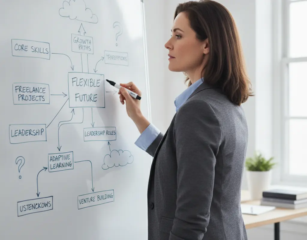 Mid-career professional planning a flexible 5-year career plan on a whiteboard.