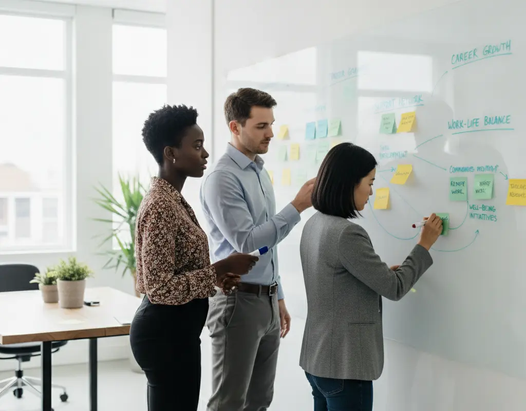 Professionals strategizing non-monetary benefits and career development during a negotiation.