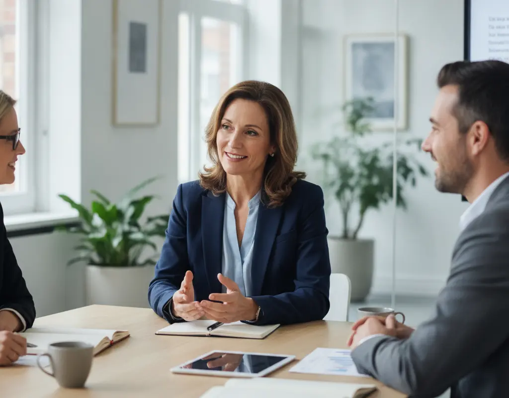 A woman in a professional setting, confidently negotiating beyond salary, discussing career growth opportunities.