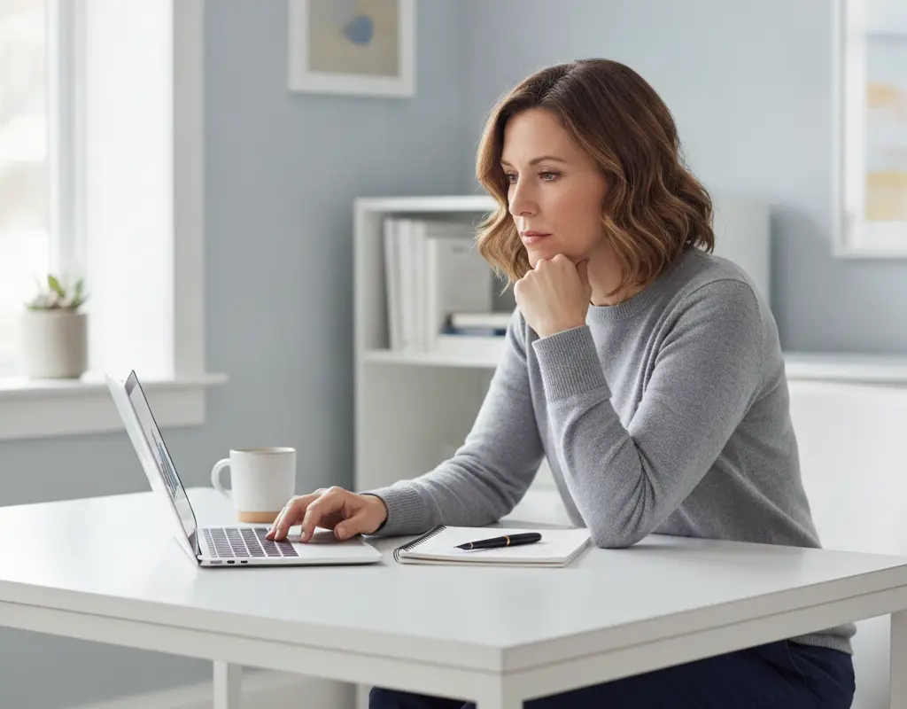Mid-career professional assessing career goals with laptop and notebook