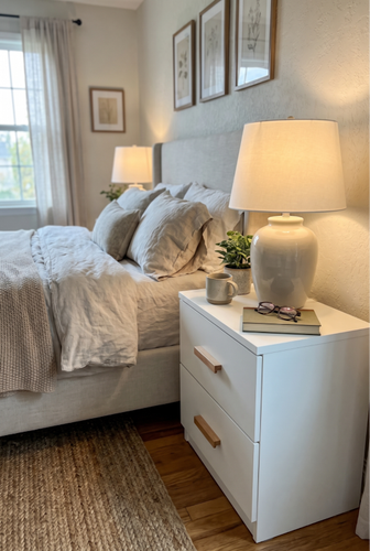 Small bedroom footprints benefit from a compact bedside table with built-in storage.2