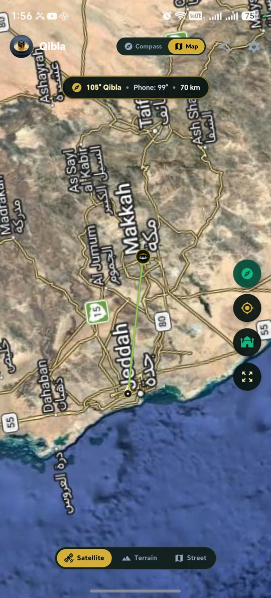 Qibla Direction Geodesic Map Trajectory