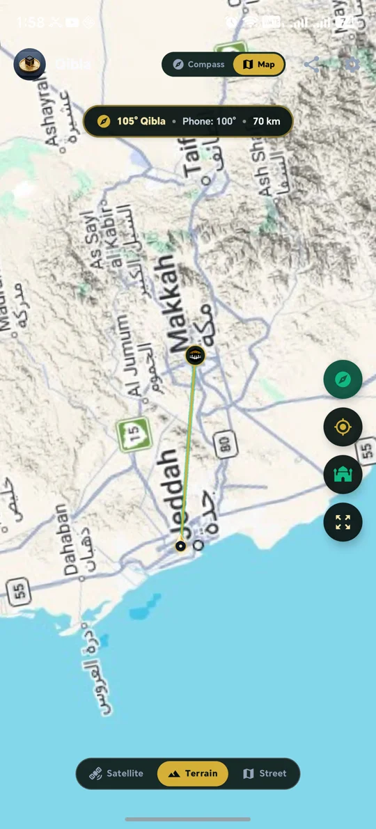 Qibla Direction Topographic Terrain Map