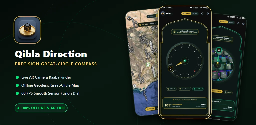 Qibla Direction App - Precision Great-Circle Compass, AR Camera Finder & Offline Map for Android
