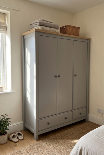 Haven grey wardrobe from DHS with drawers and shelves.png