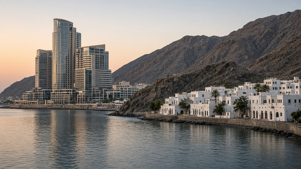 Moderne waterfrontbebouwing naast traditionele witte huizen in Muscat