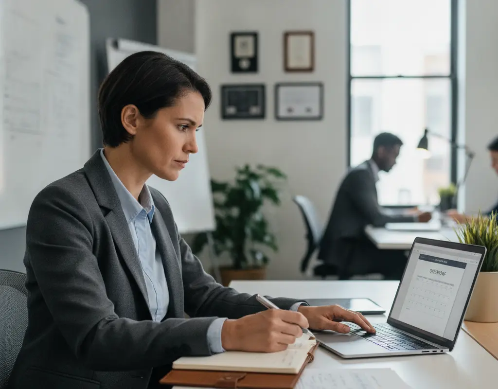 Manager preparing for a difficult conversation with a direct report, reviewing notes at a desk.