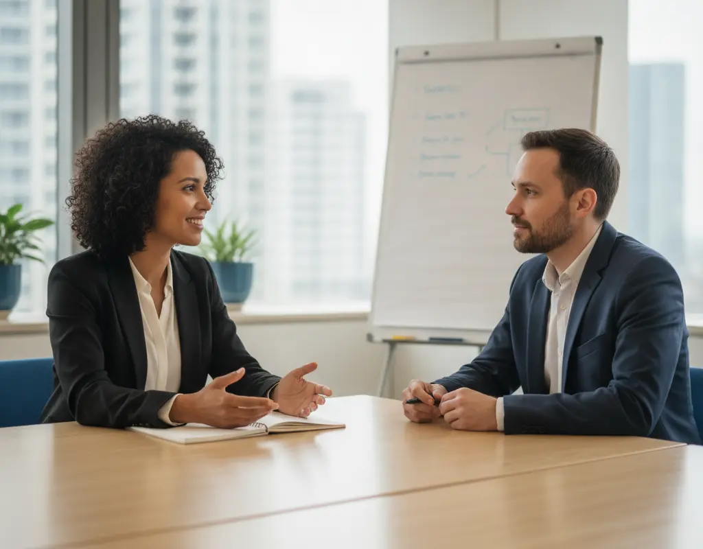 Manager and direct report having a constructive conversation in a meeting room, demonstrating effective communication.