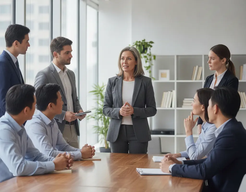 Manager empathetically delivering bad news to a diverse team in a meeting room.