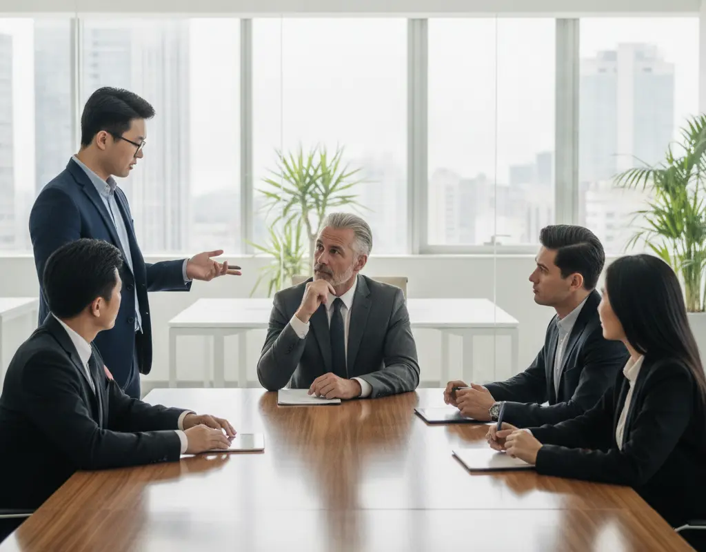Junior professional giving feedback to a senior colleague in a meeting.