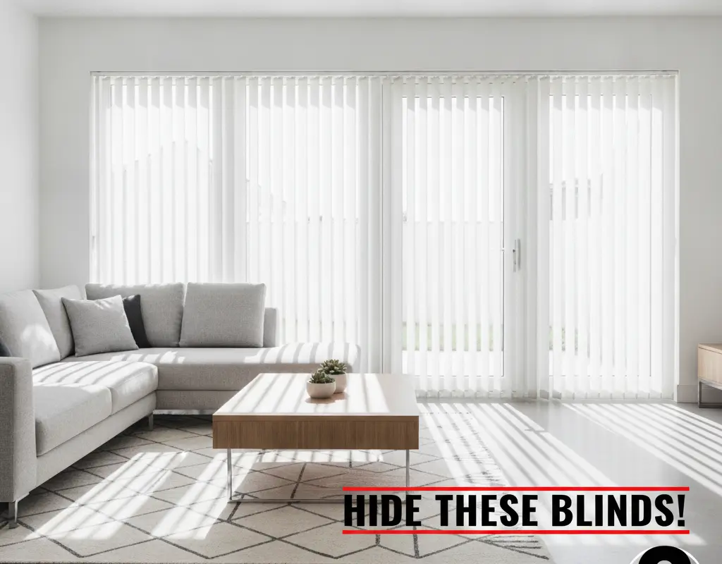 Living room with unappealing vertical blinds on patio doors, highlighting the need to hide vertical blinds.