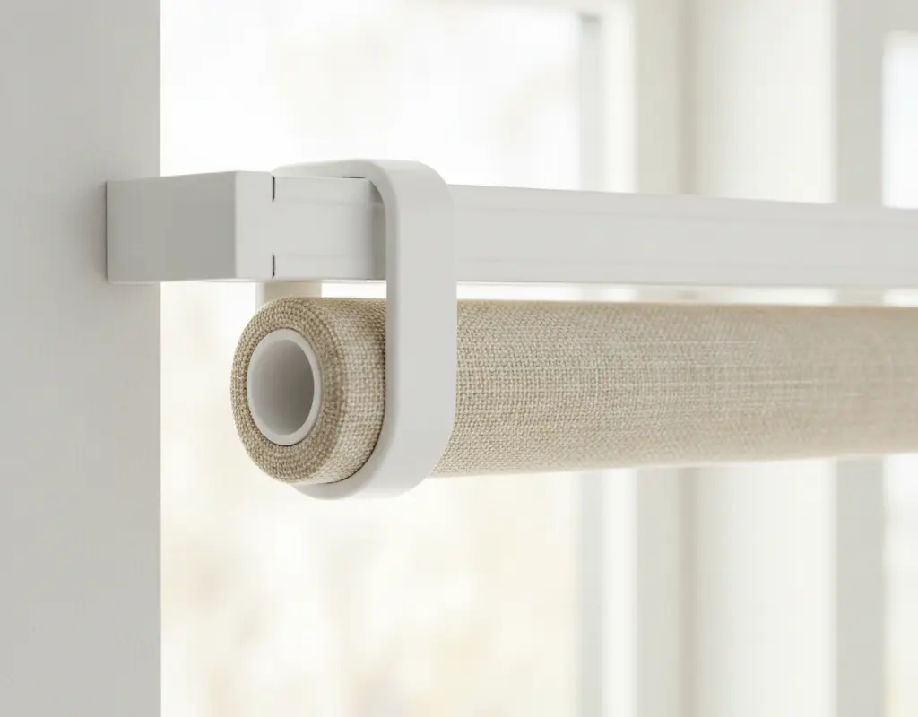 Close-up of a no-drill clip-on bracket on a vertical blind headrail, ready to hang curtains.