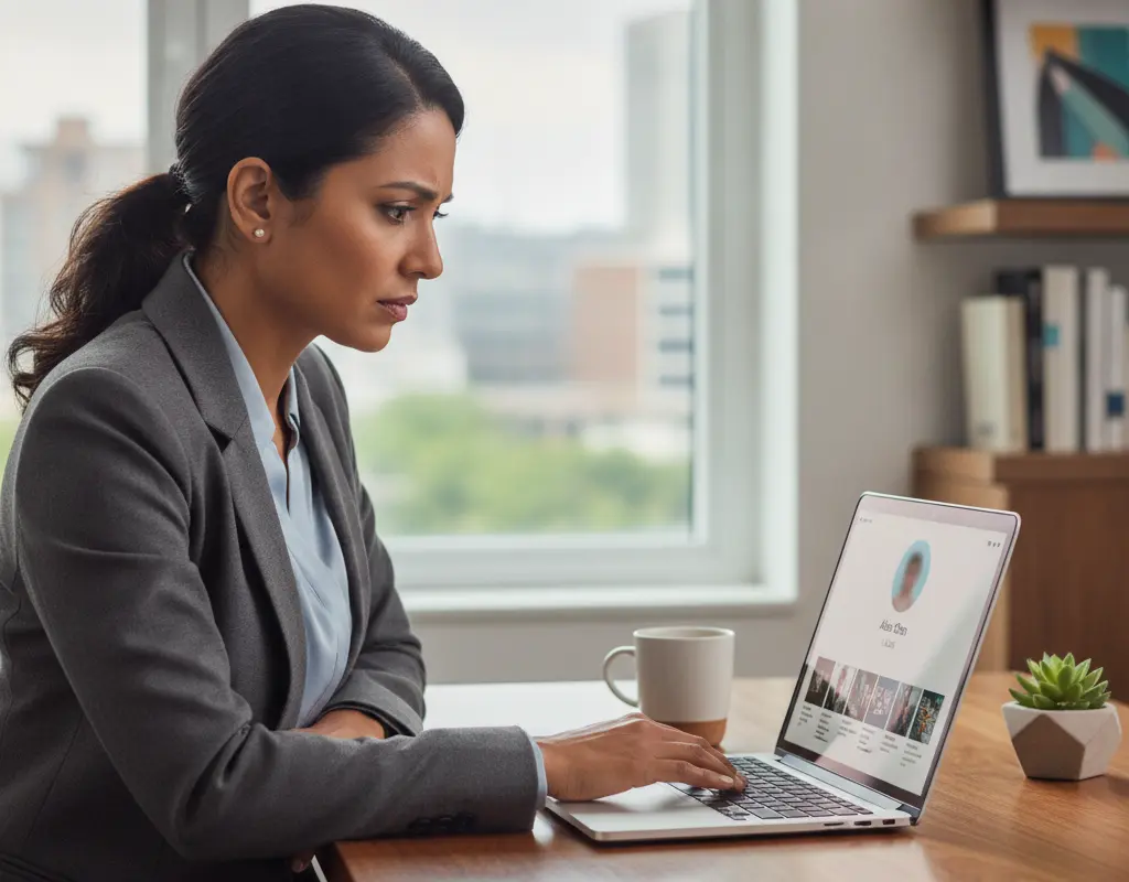 Executive contemplating common personal branding mistakes on a laptop.