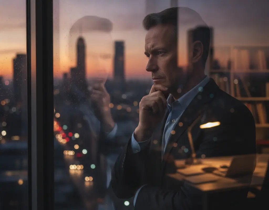 Mid-career professional contemplating their personal brand reflection