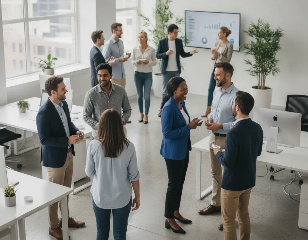 Professionals networking and building connections to strengthen their personal brand.