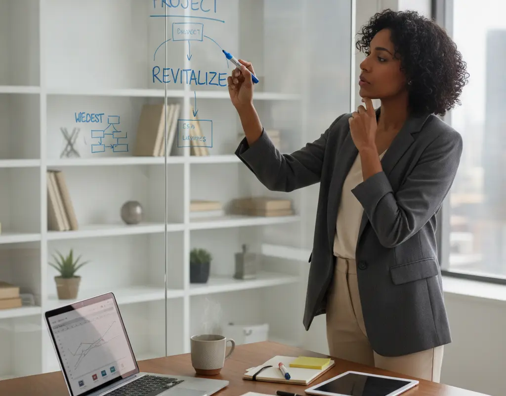 Mid-career professional mapping out personal branding strategy on a whiteboard.