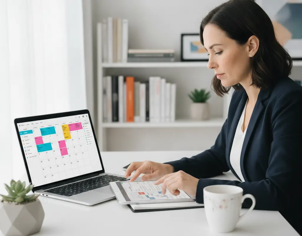 Professional planning her weekly LinkedIn content strategy.