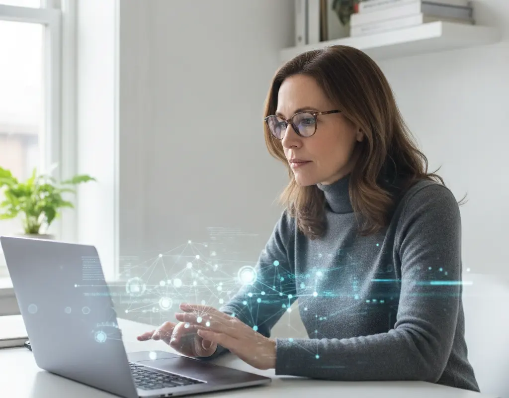 Professional contemplating content ideas on LinkedIn, a laptop reflecting networking symbols.