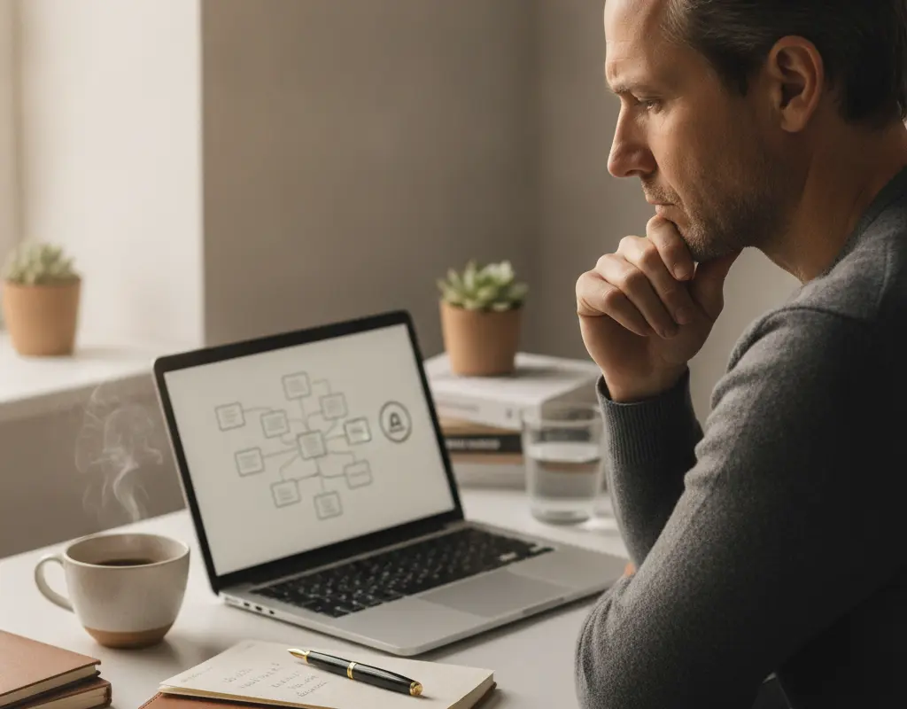 Professional thoughtfully planning career strategy on a laptop, emphasizing the strategic development of a personal brand.