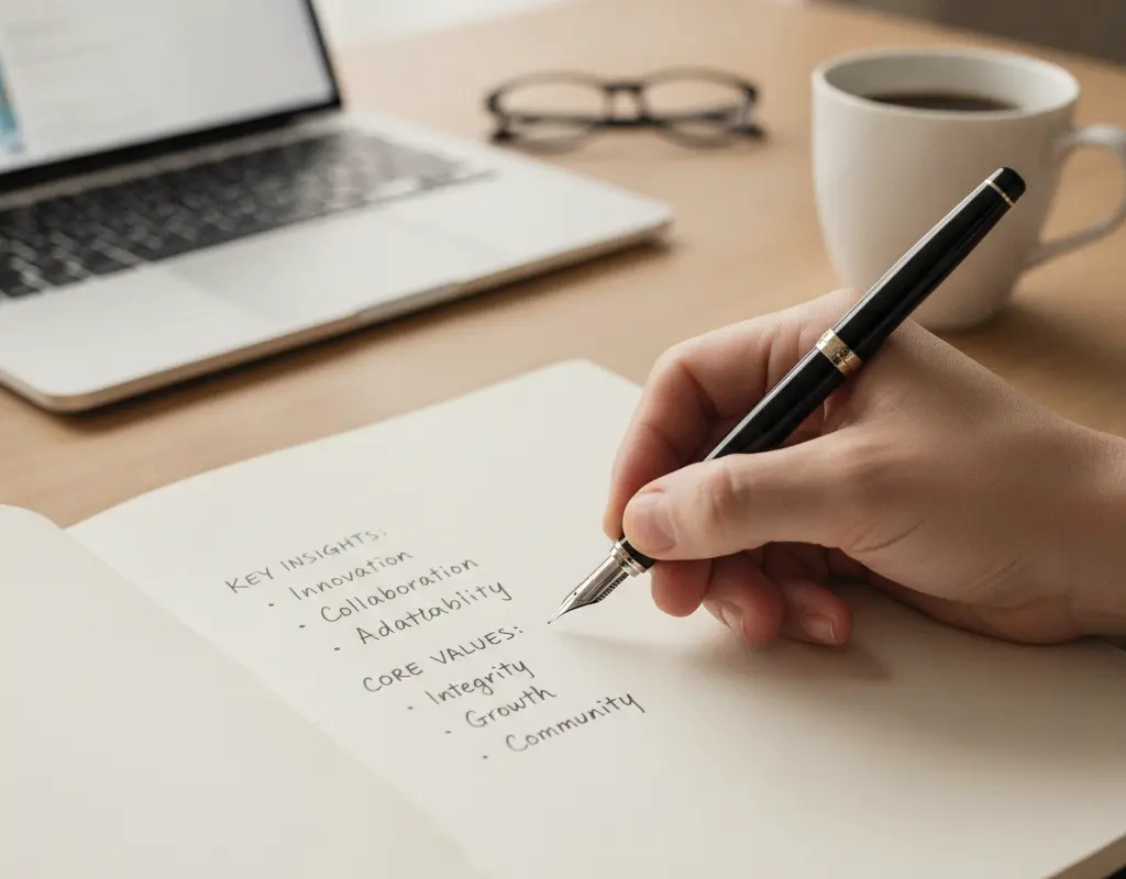 Hand writing core values and insights in a notebook, symbolizing authentic self-discovery for personal branding.
