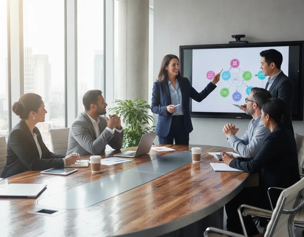 Mid-career professional confidently leading a team discussion, highlighting the importance of a personal brand after 35.