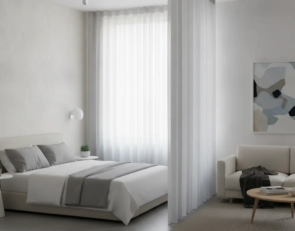 Studio apartment with ceiling track curtains as a room divider
