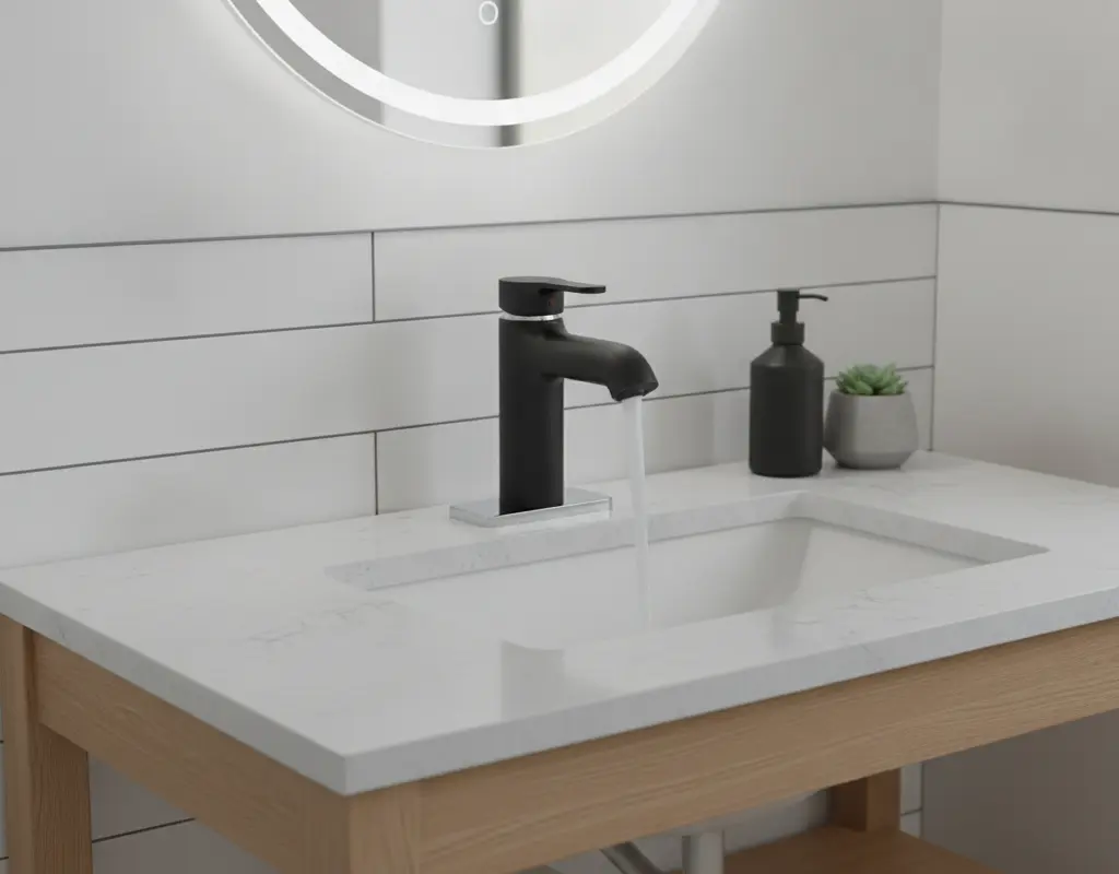 Before and after comparison of a rental bathroom faucet, transformed with a matte black faucet cover.