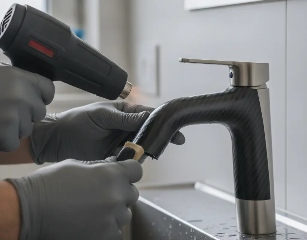 Hands applying waterproof architectural vinyl wrap to a chrome faucet using a heat gun.