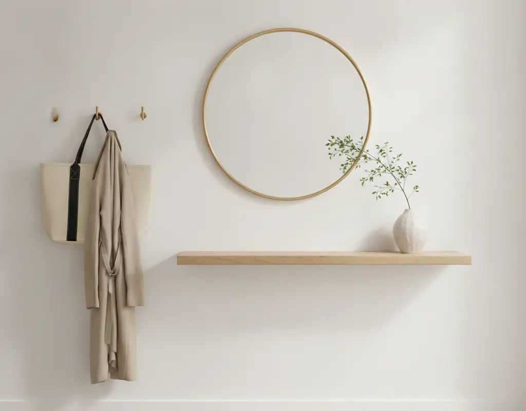 Stylish small apartment entryway with floating console, round mirror, brass hooks, and a patterned runner rug.
