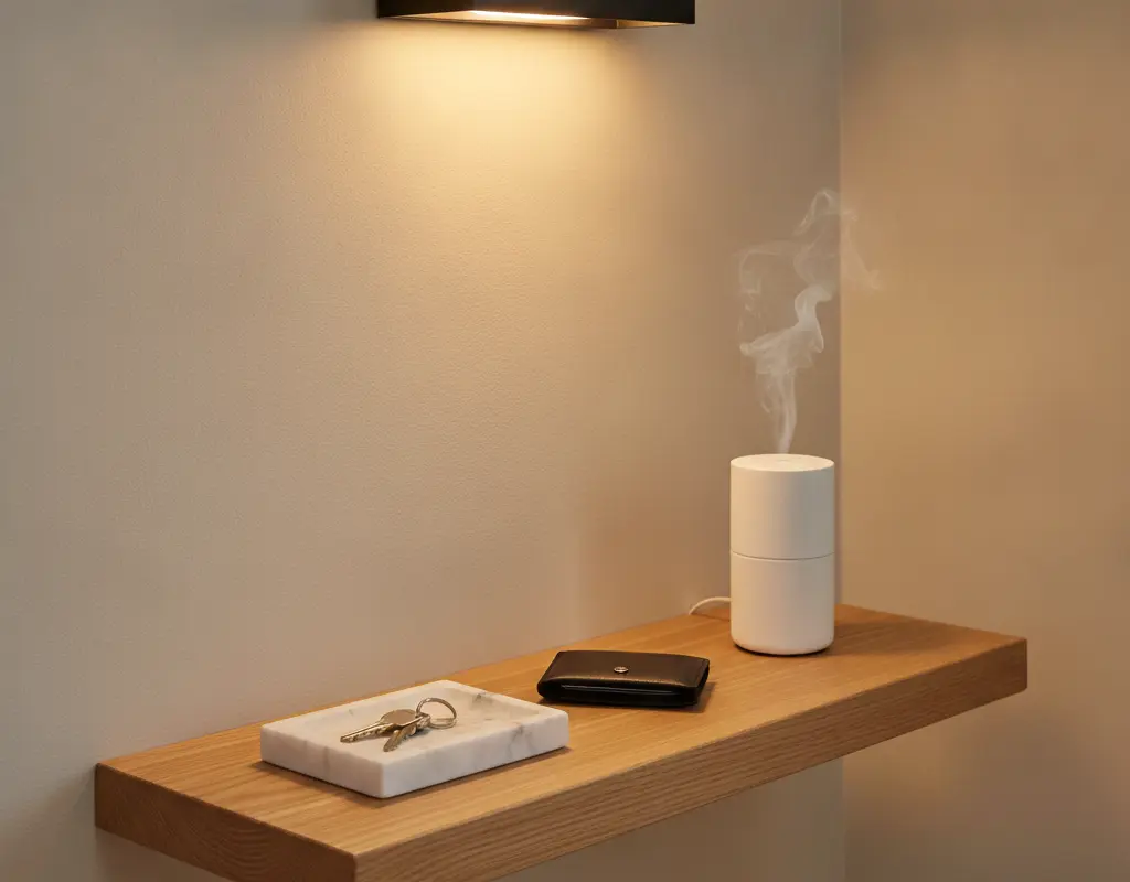 Ultra-slim floating console with marble tray, keys, and an ambient scent diffuser in an apartment entryway.
