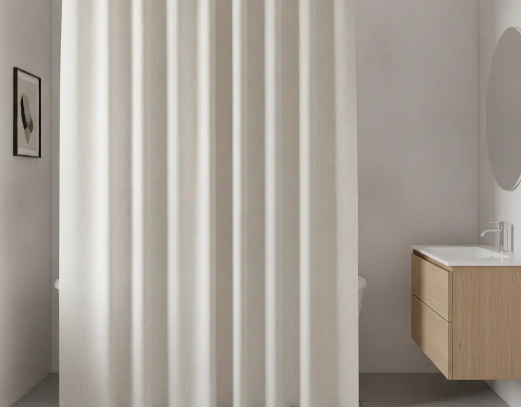 An elegant bathroom featuring a floor-to-ceiling extra long shower curtain, enhancing vertical space.