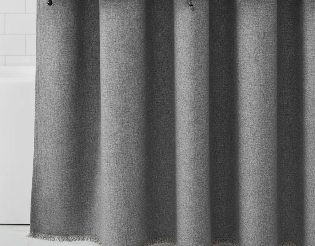 Detail of matte black roller rings on a high-mounted extra long shower curtain rod.