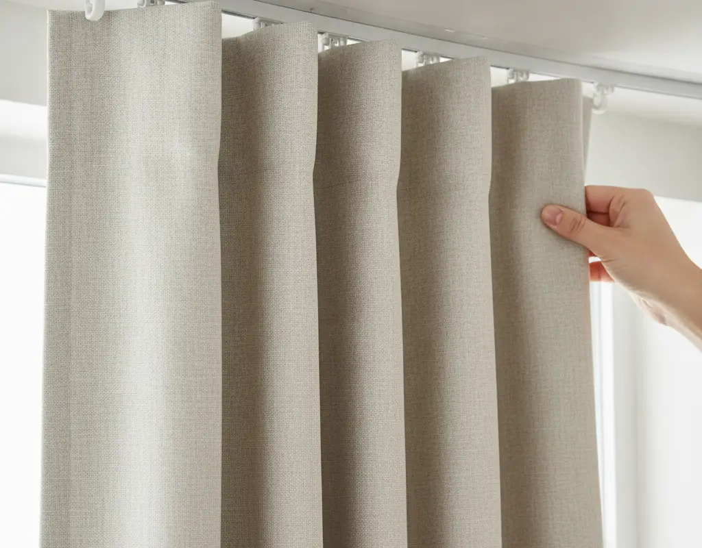 Detail of adhesive-mounted ceiling track for curtains, showing no-drill installation